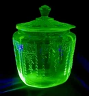 ANTIQUE ANCHOR HOCKING PRINCESS URANIUM VASELINE DECO DEPRESSION GLASS JAR LID