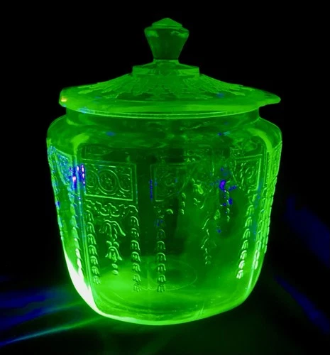 ANTIQUE ANCHOR HOCKING PRINCESS URANIUM VASELINE DECO DEPRESSION GLASS JAR LID