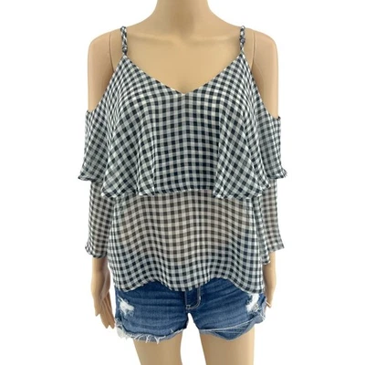 Ten Sixty Sherman LARGE schwarz weiß transparent Gingham kariert Cold Shoulder Top - Bild 1 von 4