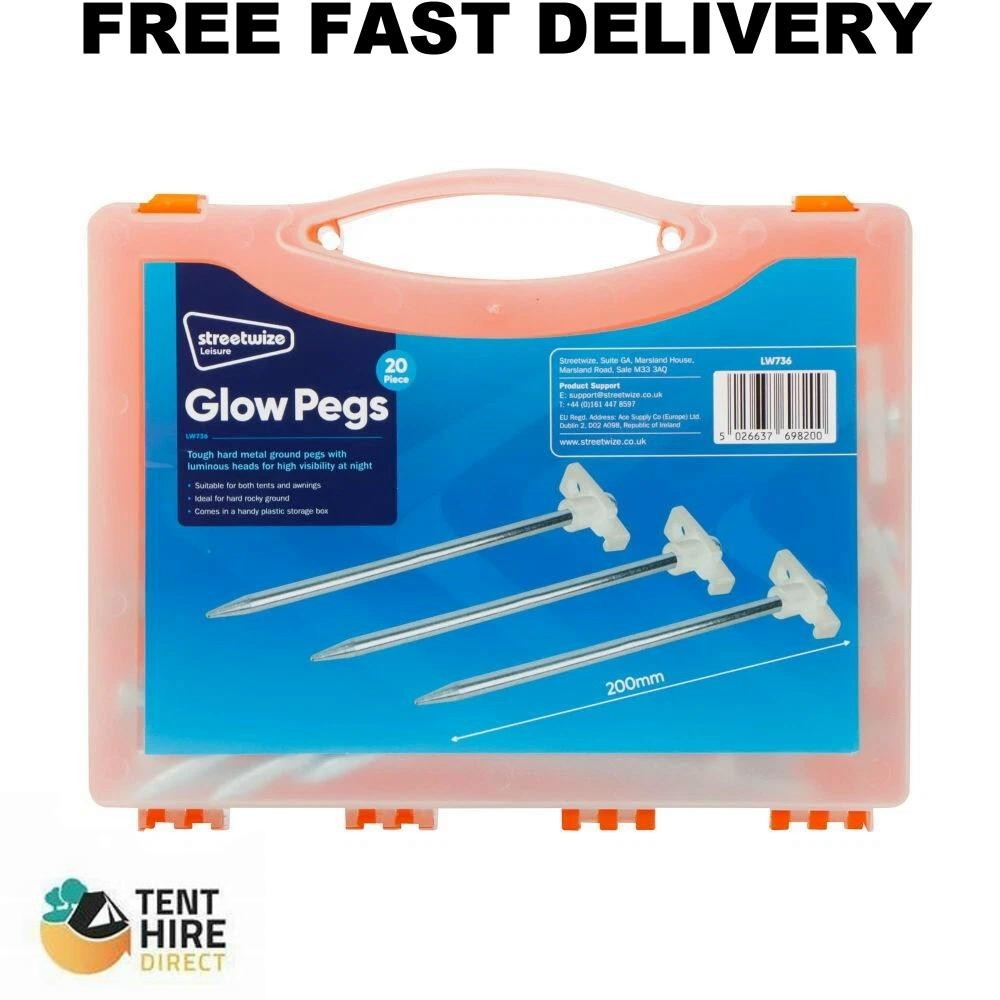 Tent Peg Set Glow Heavy Duty Awning Gazebo Pegs 20pc Camping Caravan Motorhome