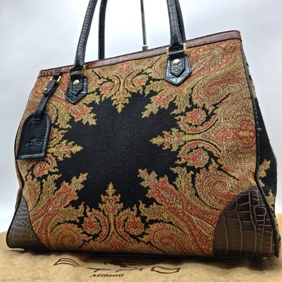 ETRO Tote Bag Paisley pattern Canvas & Leather Beige A4 Crocodile-Embossed