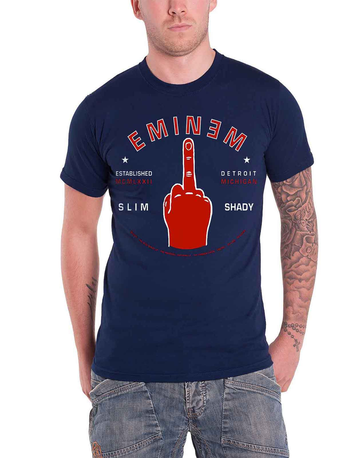 Eminem Mens T Shirt Blue Detroit Finger Slim Shady Logo Official