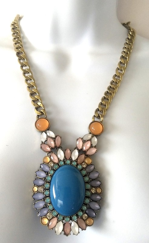 Joan Rivers Gold Tone Navette Rhinestones Cabochon Pendant Chain Necklace