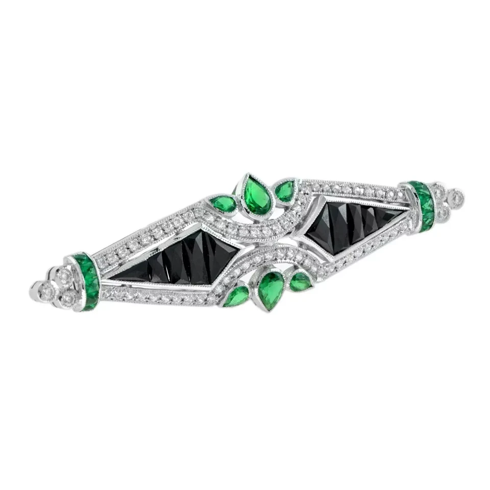 Art Deco Style Lab Created Diamond Emerald Onyx Brooch For Her 14K White Gold FN - Image 3 of 4