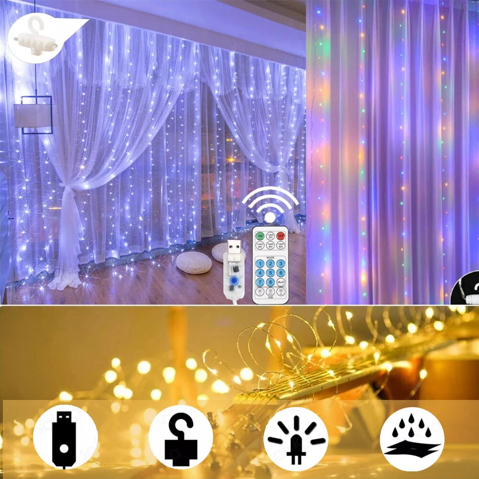 300 LED Curtain Fairy Light USB String Light With Remote Xmas Home Party Wedding - Image 3 of 4