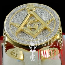 Mens Yellow Gold Finish Pave Genuine Diamond Masonic Big Bold Pinky Ring Band