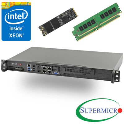 Supermicro 5018D-FN4T Xeon D 8-Core Front 1U Rackmount,Dual 10GbE,32Gb, 512G M.2