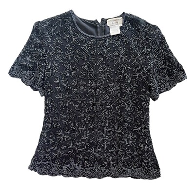 Papell Boutique Evening Women Large Black 100% Silk Beaded Floral Pattern Blouse