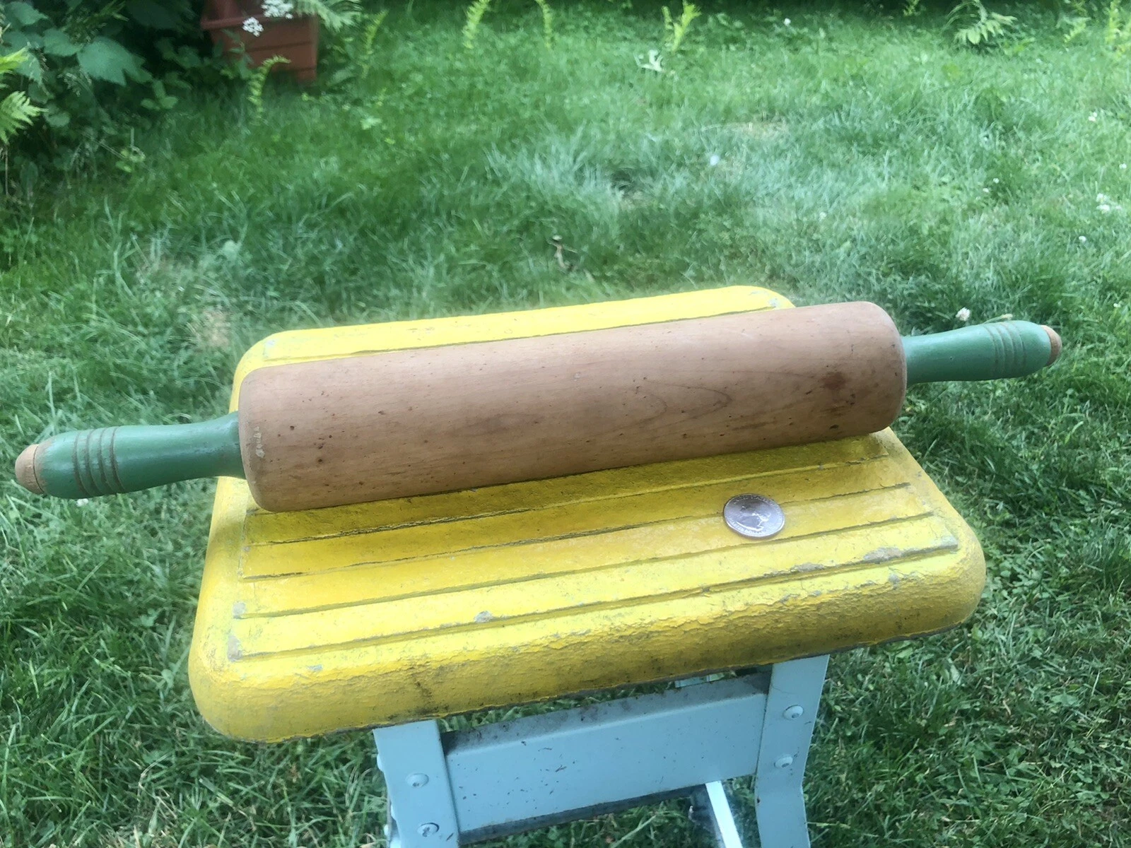 Vintage Wooden Rolling Pin Green Handles 17" Long Cookie Dough Roller