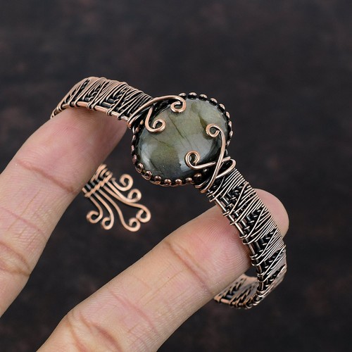 Women's Day Gift Labradorite Copper Wire Wrapped Adjustable Bangle For Women - Picture 3 of 7