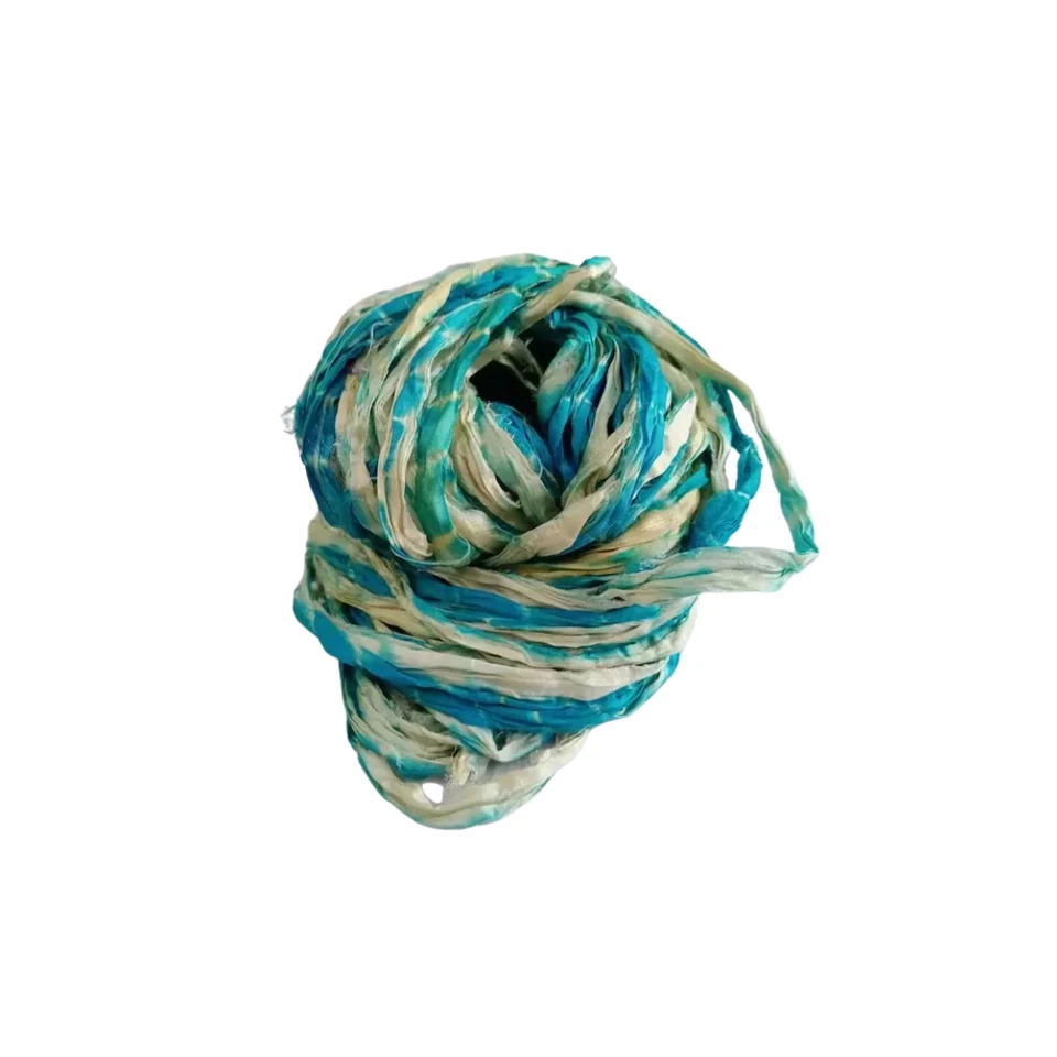 Sari Silk Ribbon super bulky yarn -Blue, Cream -Sari Silk Ribbons - Silk Strips - Image 3 of 4