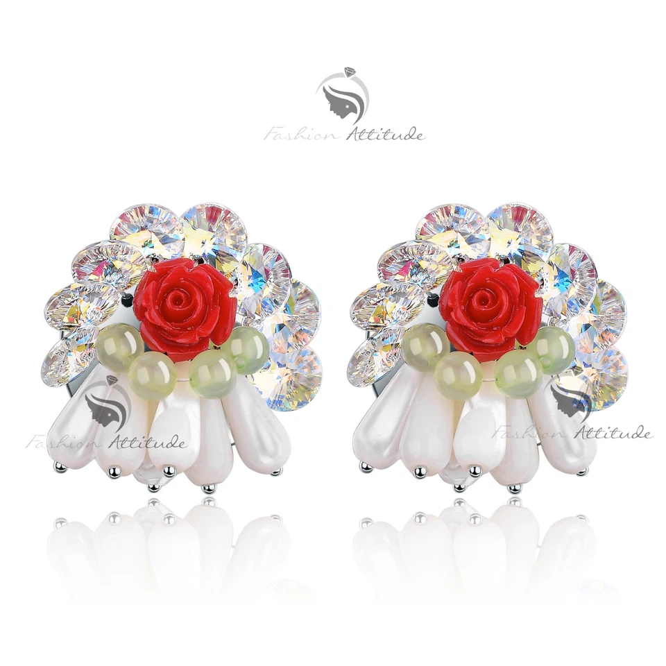 18k white gold crystal stud earrings red rose flower blossom shell jade handmade Foto 2 de 3