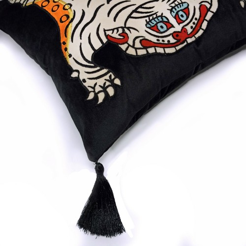 Tibetan Tiger Black Handmade Embroidered Decorative Throw Pillow Cushion Cover - Picture 2 of 6