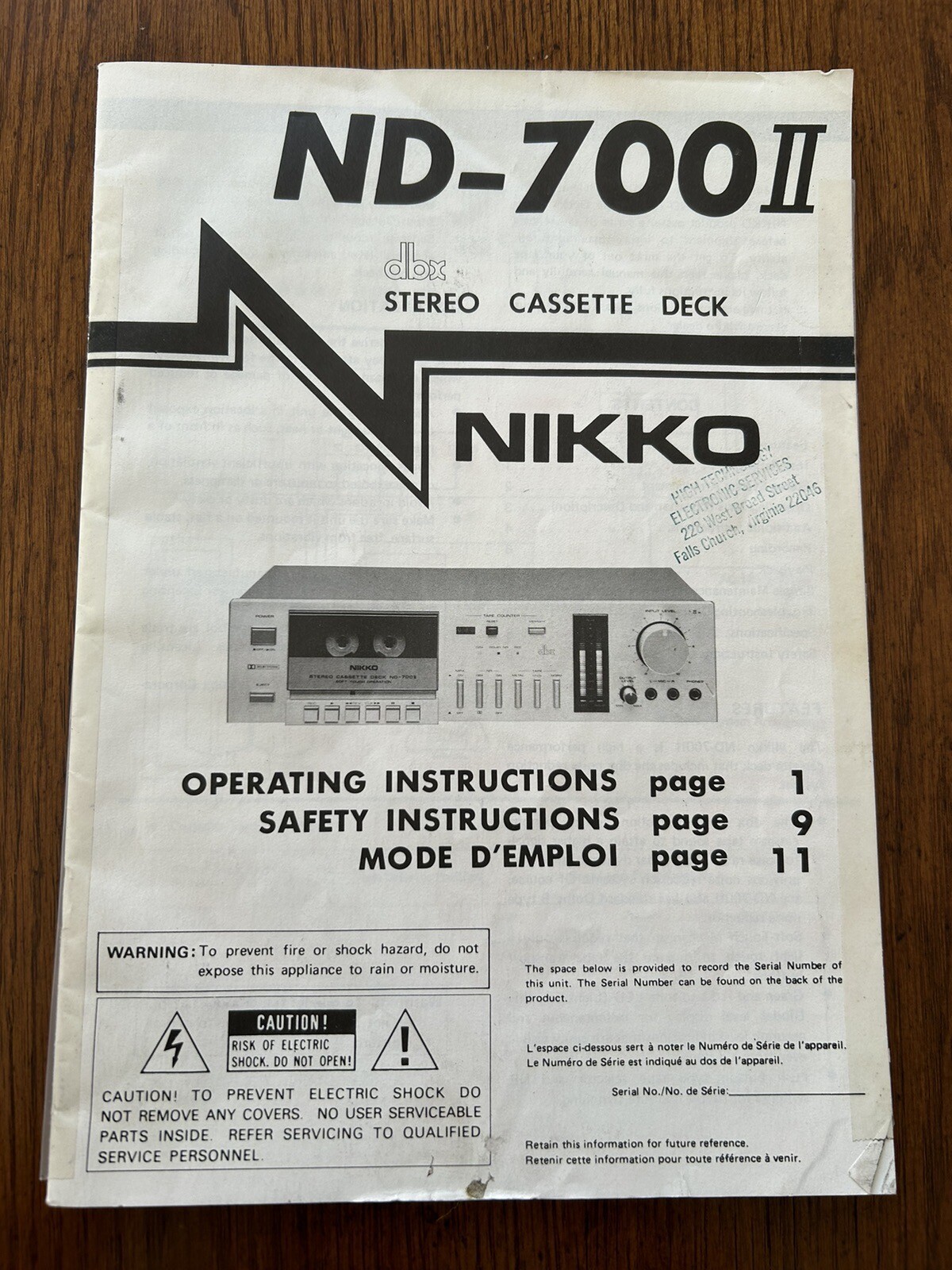 Nikko ND-700II Cassette Tape Deck Operating Instructions Original OEM Genuine