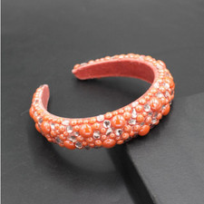 LUXURY HANDMADE NEW WIDE ORANGE BEADED  RHINESTONE HEADBAND HAIR ACCESSORY