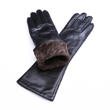 Calharmon Women Mid Long Plain Pattern Winter Warm Real Leather Gloves