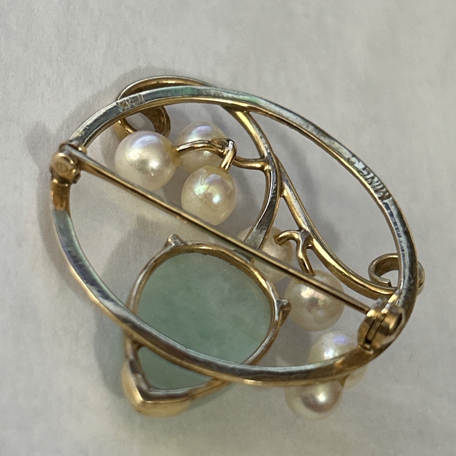 MING'S HAWAII JADE PEARL LEAF BROOCH PIN 14K YELLOW GOLD MINGS JEWELRY