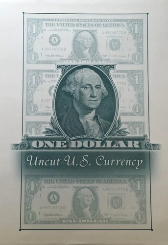 Bureau of Engraving and Printing UNCUT SHEET OF (4) 2001 ONE DOLLAR BILLS NY $1 - Picture 2 of 3
