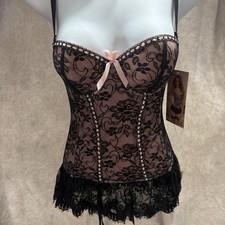 NWT Seven Til Midnight Pink Black Lace Bustier/Corset No panties Size Medium