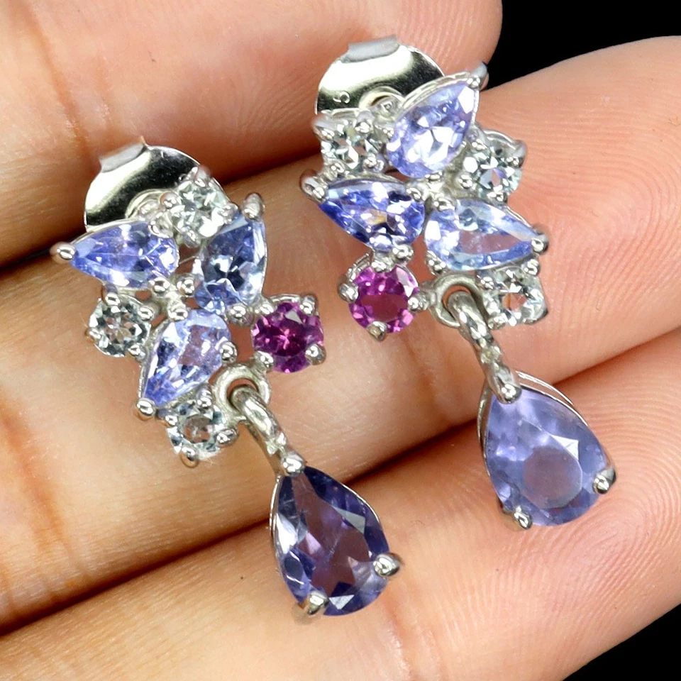 925 Pendientes de Plata de Ley Pera Iolita Aguamarina Granate Tanzanita Piedras - Imagen 2 de 4