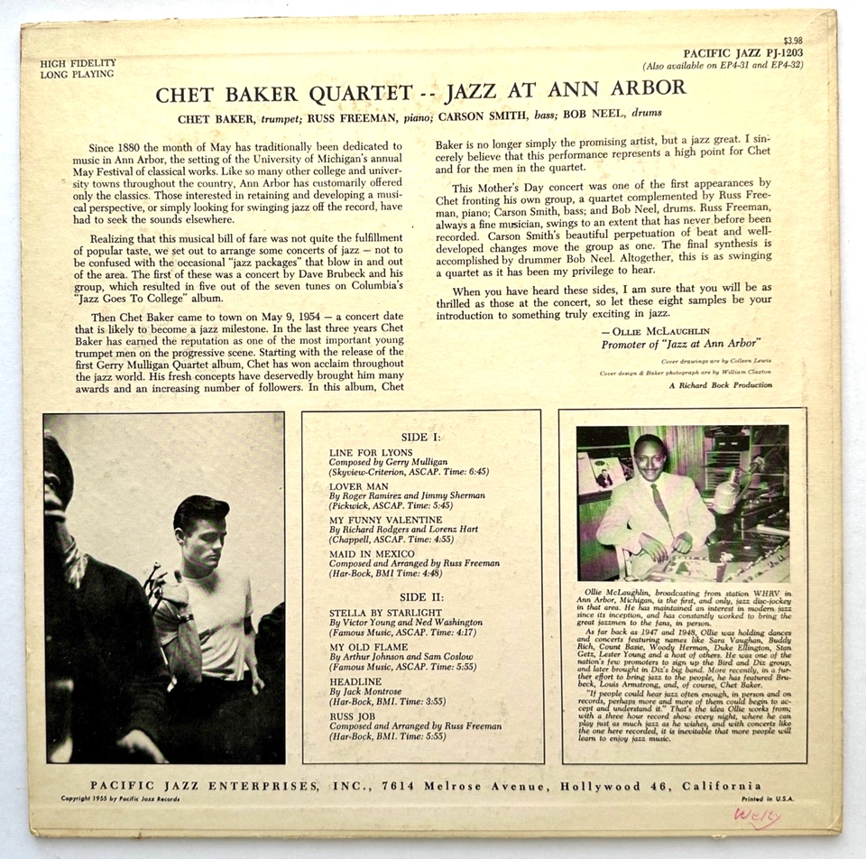 PACIFIC JAZZ PJ-1203 - CHET BAKER QUARTET - JAZZ AT ANN HARBOR. - Image 2 of 4
