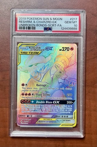 Pokemon Unbroken Bonds Reshiram & Charizard  GX #217 PSA 10