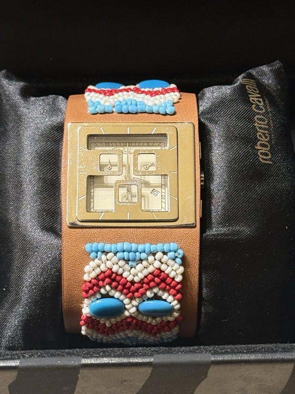 Roberto Cavalli Southwestern Beaded Leather Watch New!