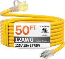 12 Gauge 50 FT Heavy Duty Outdoor Extension Cord Waterproof with Lighted End,Yel