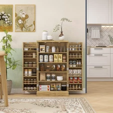 41" Rattan Kitchen Pantry Storage Cabinet with Spice Racks Natural