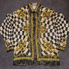 Vintage Gianni Versace Silk Button Down Shirt Gold Checkered 56 90s Italy