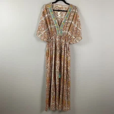 World Market Maxi Kaftan Dress Womens L/XL Floral Tassel Boho V Neck