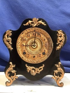 1882 VINTAGE ANTIQUE CAST IRON ANSONIA KEY WOUND STRIKES CLOCK CARVED BRASS DIAL