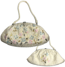 Vtg Beaded Purse Art Deco Floral Fairy Whimsy Cottage White Flapper Clasp Clutch