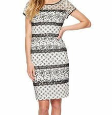 $280 Adrianna Papell Women's White Black Twin Lace Cap Sleeve Sheath Dress Sz 6