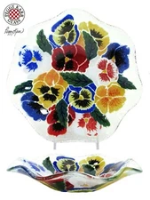 Peggy Karr PANSIES 8.5" Fluted Ruffled Round 10oz Bowl Fused Glass Flowers Mint