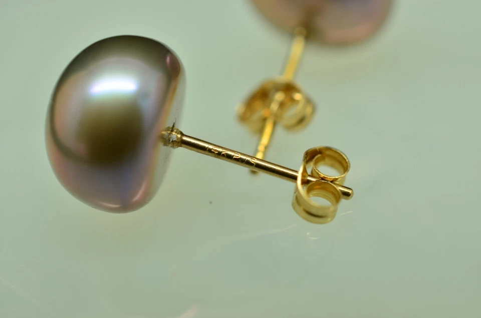 14K Yellow Gold Natural Gray Pearl Stud Earrings 9.2mm - Image 4 of 4