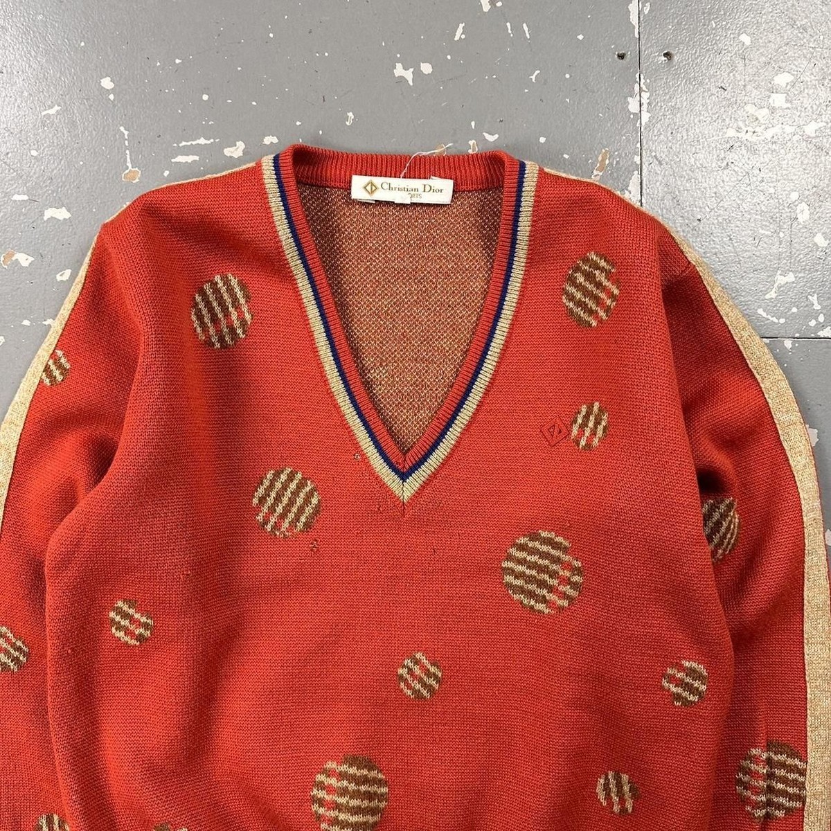 Vintage 80s Christian Dior Sports Pattern Knit Wool Jumper Orange