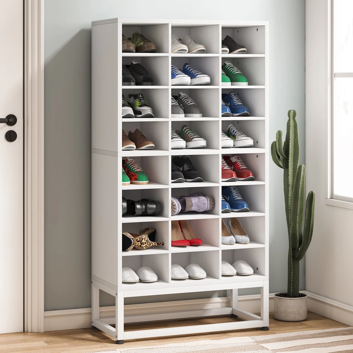 White Wood Shoe Cabinet Cubby Shoe Rack Storage Organizer for