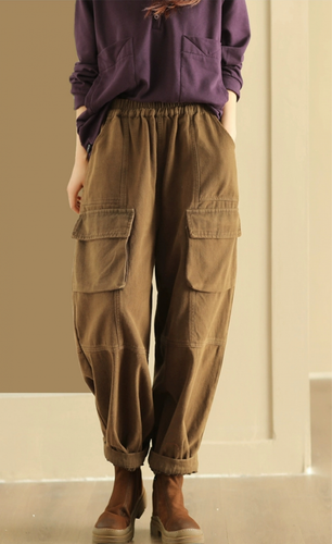 Womens Cotton Loose Cargo Pants Overalls Pockets Elastic Waist Casual Trousers - Picture 12 of 16