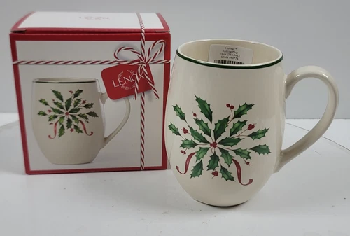 Lenox Holiday Cocoa Mug Holly Berries and Ribbons 18 oz ~ New