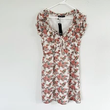 Nasty Gal Dress Womens Size 6 White Pink Floral Short Sleeve Ruffle Lace Up NWT