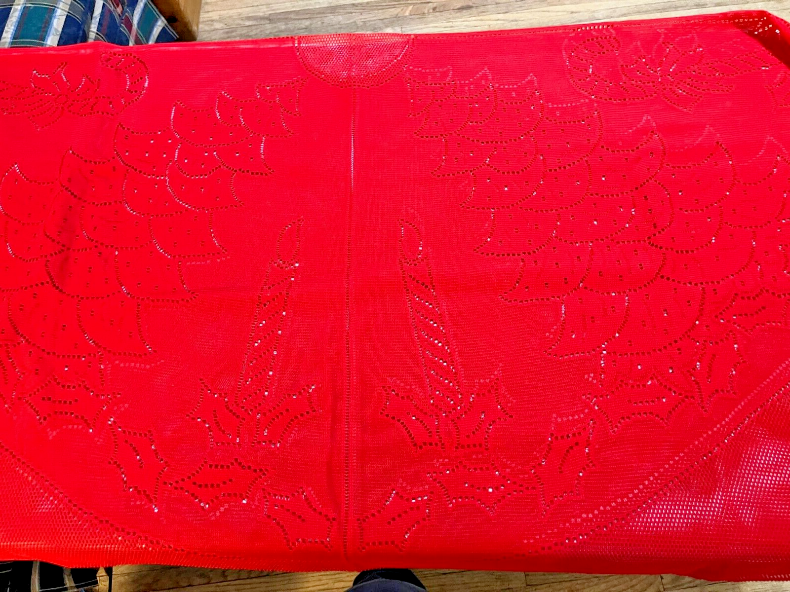 Christmas Tree Skirt Fabric Panel Red Lace 50x55 with Holly and Candle Design