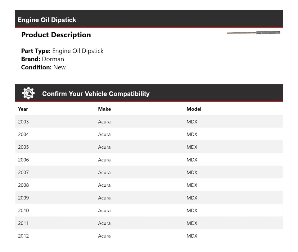 Vareta de óleo de motor Acura MDX Dorman 2004 2005 2006 2007 2008 2009 para 2003-2012 - Imagem 2 de 4