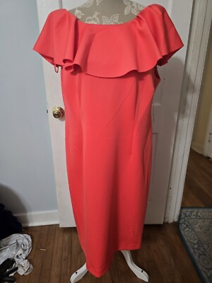 ELIZA J RUFFLE NECK SHEATH SCUBA CORAL DRESS LOW BACK sz 14W
