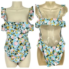 Victoria's Secret One Piece Swim Suit Floral Lemons Ruffle Open Back Size XL