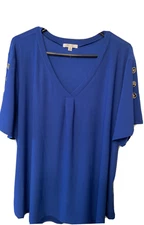 89th  Madison 3XL Tunic Top Blue Stretch Short Sleeve Fashion  Gold Buttons