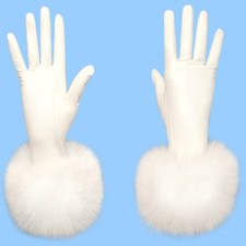 NEW WHITE size 8 or XL GENUINE LEATHER GLOVES with GENUINE WHITE FOX FUR TRIM