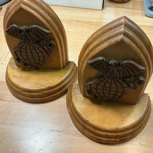 Marine Corps Vintage Hand-Carved Wooden United States Marine Corps USMC Bookends