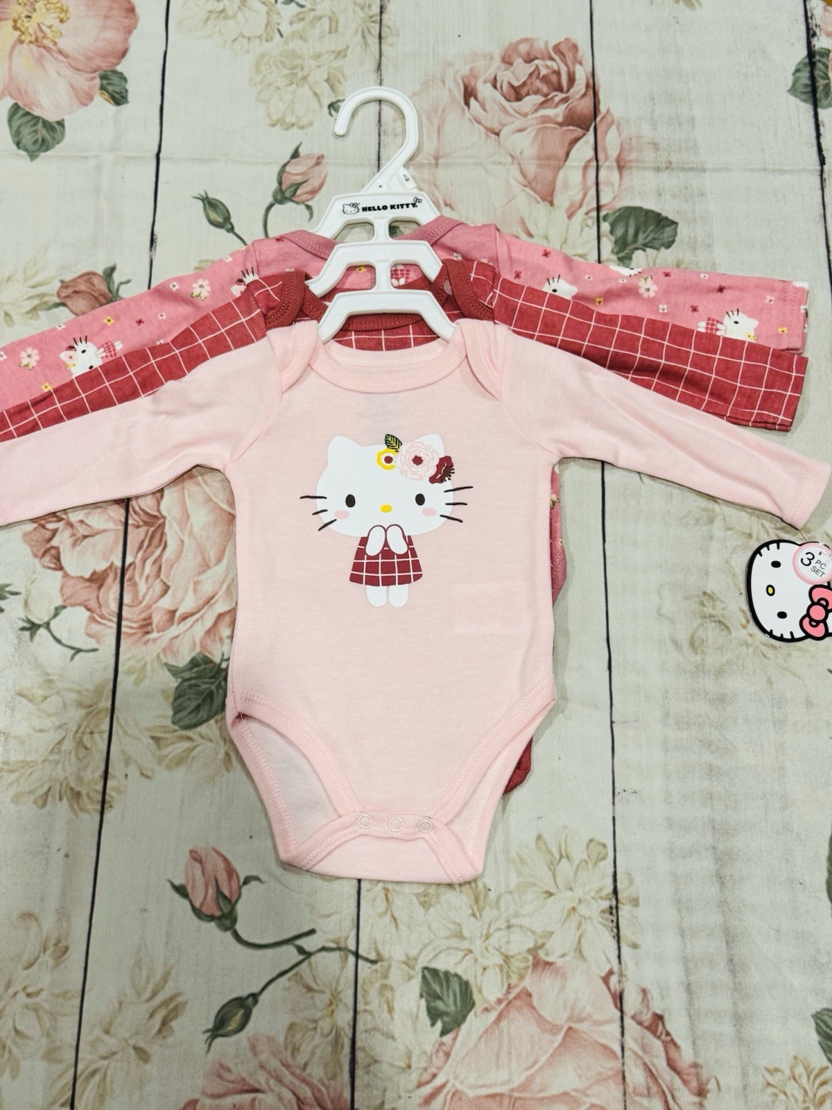 Hello Kitty 3 Pc Set Long Sleeve Bodysuits Pink Flowers 3 Months New with Tags