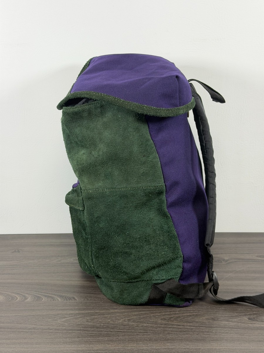 VTG 90s Eastpak Backpack in Green Suede & Purple Canvas Cinch Flap